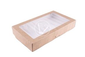 დესერტის ყუთი ფანჯრით, 1900 მლ, CANDYBOX 230*140*60 მმ, კრაფტი მუყაო