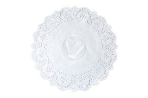 30 სმ, თეთრი მრგვალი, ხელსახოცი აჟურული კიდით სიახლე